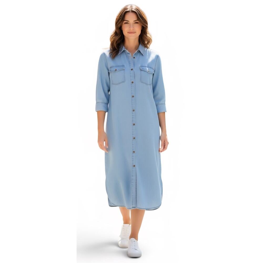 J Peterman Company Modest Size 12 Light Blue Cotton Button-Up Denim Shirt Dress - Picture 1 of 8